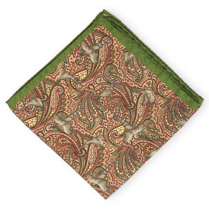 Multi-Color Paisley Birds: Silk Pocket Square - Green