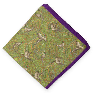 Multi-Color Paisley Birds: Silk Pocket Square - Purple