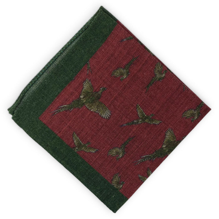 Multi-Color Pheasants: Silk/Wool Pocket Square - Green