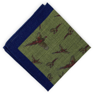 Multi-Color Pheasants: Silk/Wool Pocket Square - Navy