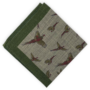 Multi-Color Pheasants: Silk/Wool Pocket Square - Olive