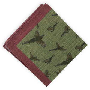 Multi-Color Pheasants: Silk/Wool Pocket Square - Red