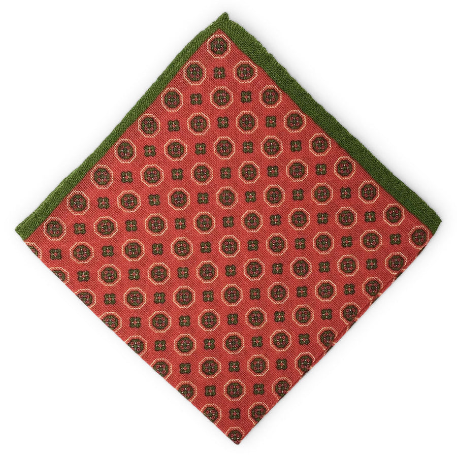 Medallions: Silk/Wool Pocket Square - Green/Coral