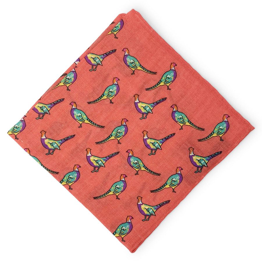 Pheasants: Silk/Wool Pocket Square - Red