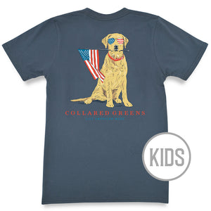 Patriotic Pup: Kid's Short Sleeve T-Shirt - Steel Blue