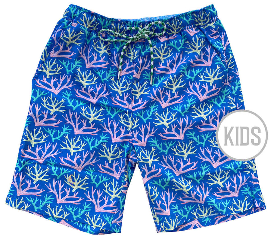Key Largo Coral: Kid's Swim Trunks - Blue