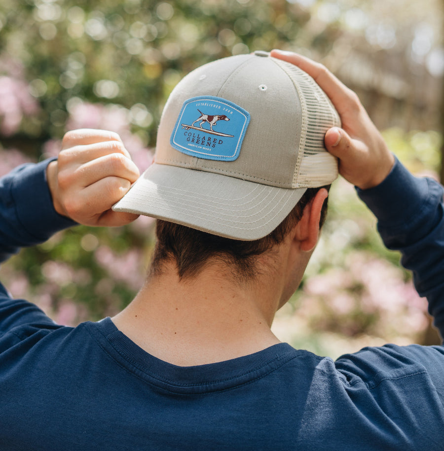 American Marlin: Badged Trucker Cap - Navy Collared Greens American Marlin: Badged Trucker Cap - Navy Collared Greens